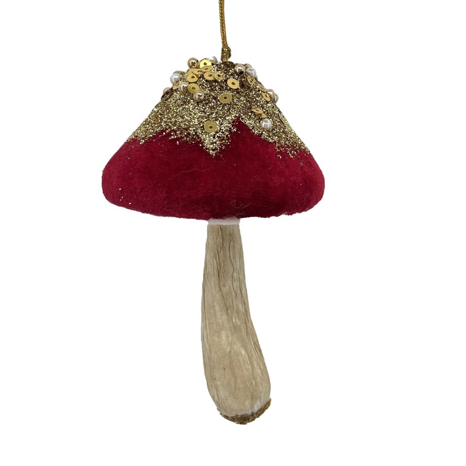 ORN FABRIC MUSHROOM VELVET CAP RED 5.5" W/ GLITTER, SEQUINS & BEADS
