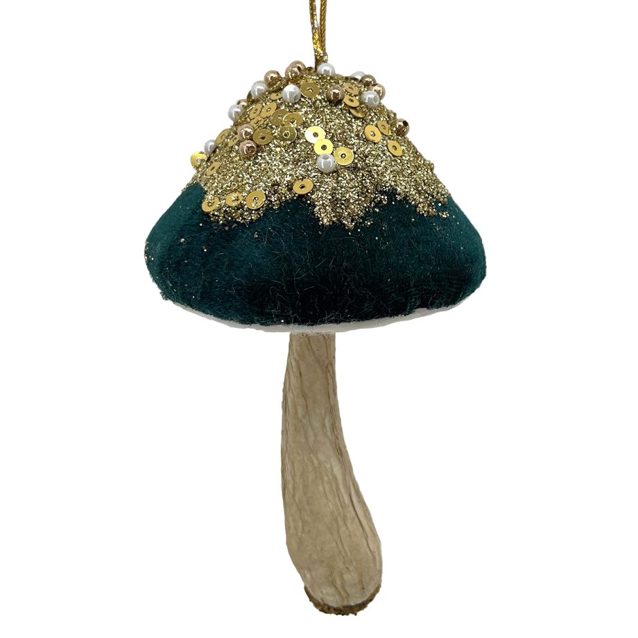 ORN FABRIC MUSHROOM VELVET CAP GREEN 5.5" W/ GLITTER, SEQUINS & BEADS