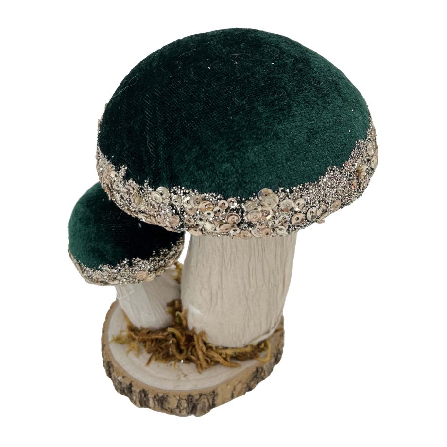 MUSHROOM VELVET CAP | WOODEN BASE GREEN 5" W/ GLITTER, SEQUINS & BEADS