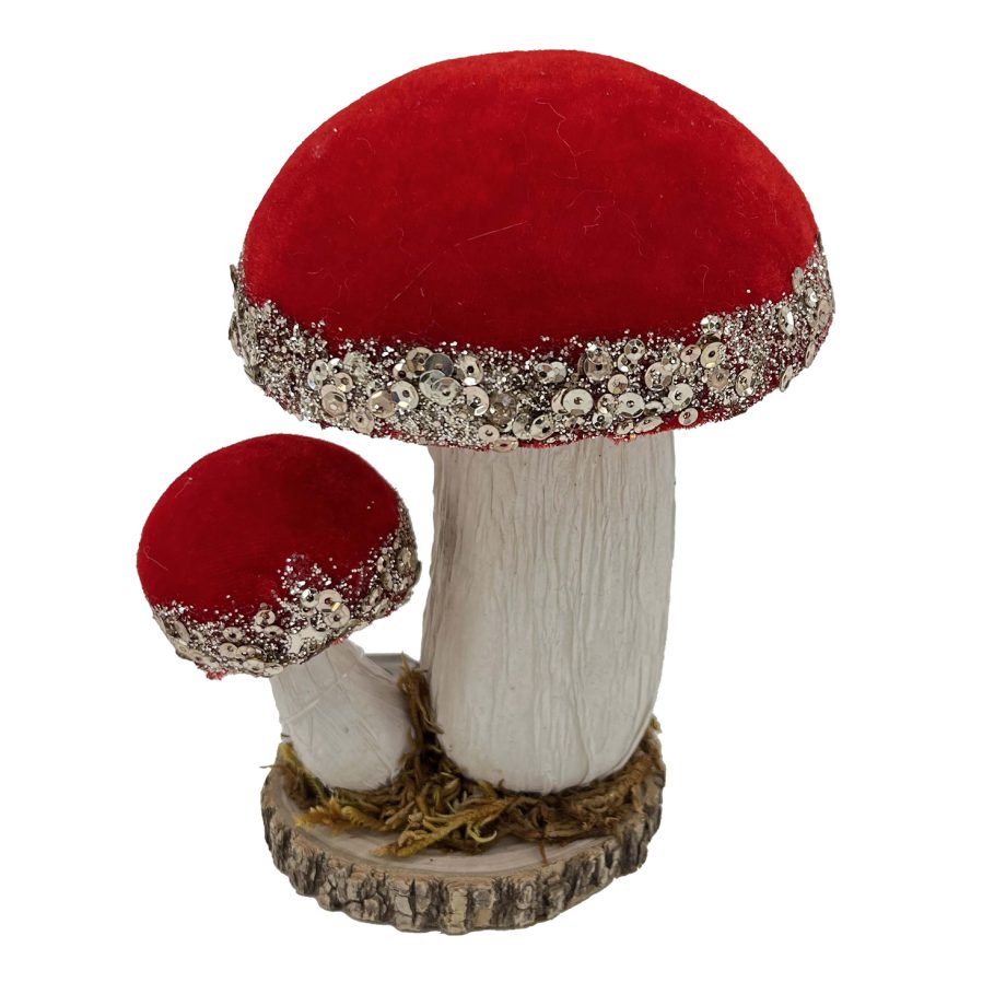 MUSHROOM VELVET CAP | WOODEN BASE RED 5" W/ GLITTER, SEQUINS & BEADS