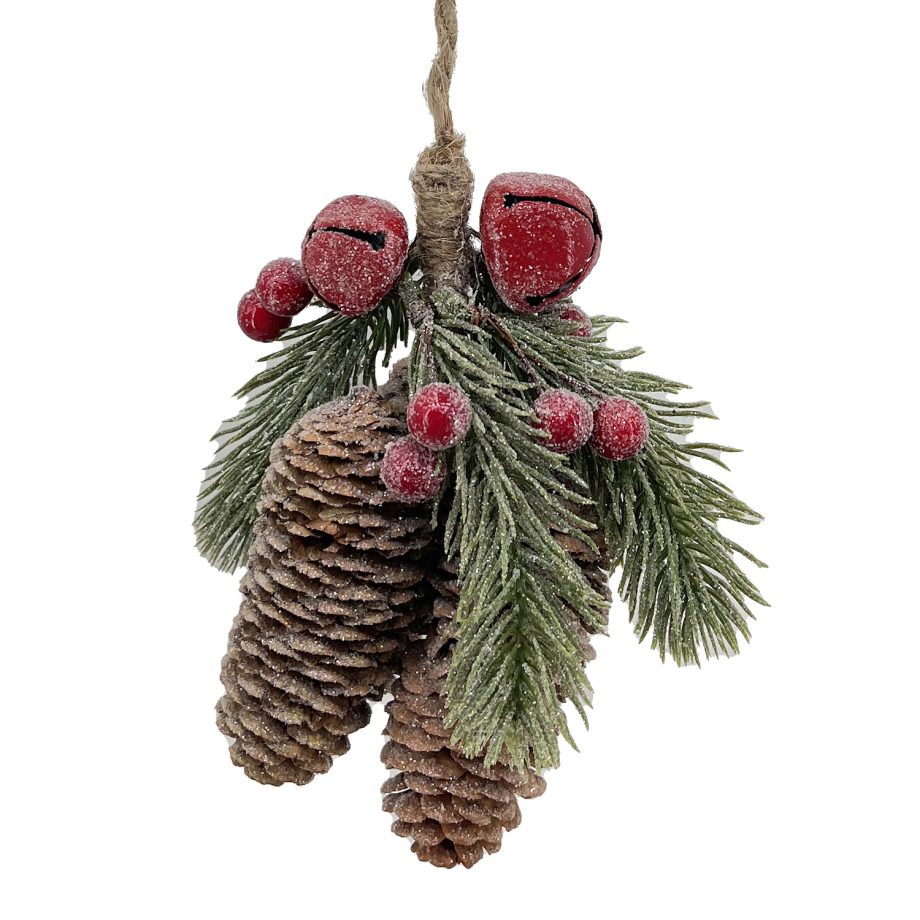 ORN NAT. PINE & CONES FROSTED NATURAL 2.5" W/ BERRIES & RED BELLS