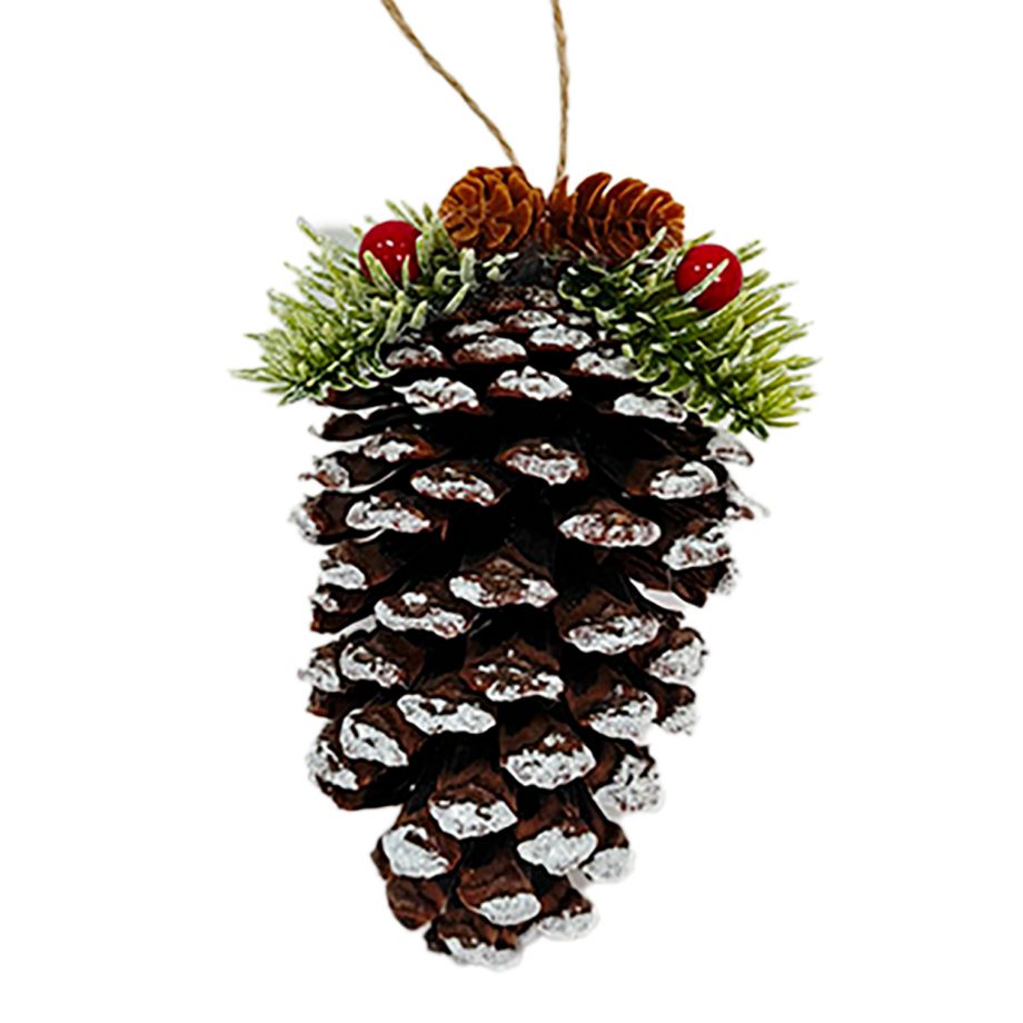 ORN NAT. PINECONE NATURAL/WHITE 4.5" W/ PINE & BERRIES
