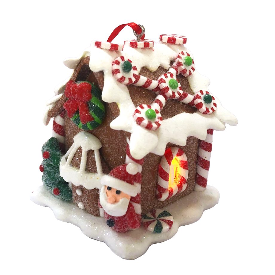 ORN GINGERBREAD MINI HOUSE 3.3" W/ LED (YELLOW) CLAY DOUGH