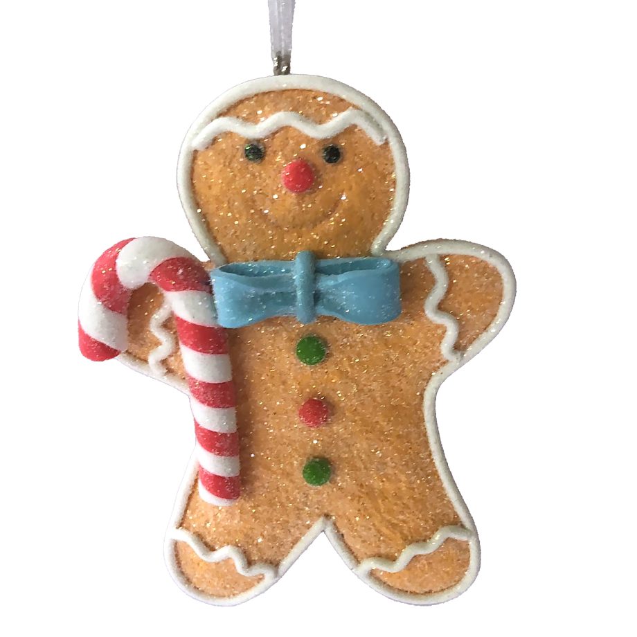 ORN GINGERBREAD BOY HOLDING A CANDY CANE 4" CLAY DOUGH