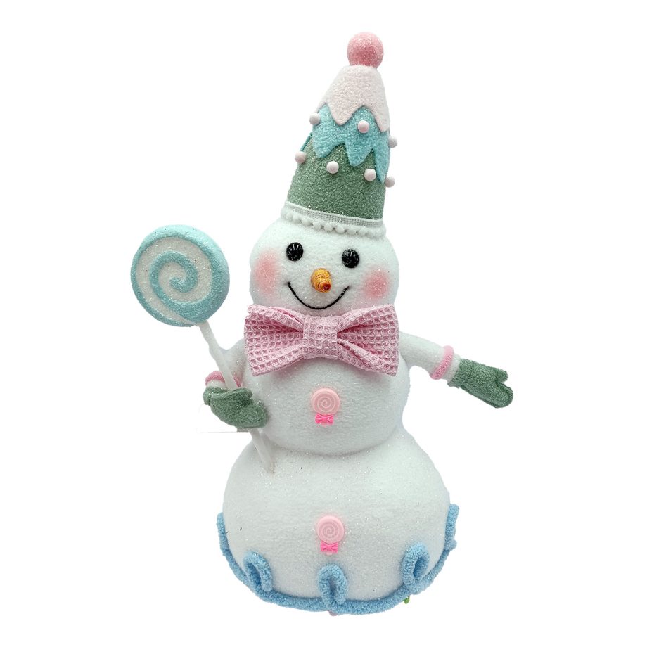 SNOWMAN HOLDING LOLLIPOP 15.5" PINK/BLUE W/ GLITTER & COLORFUL BALL DECOR