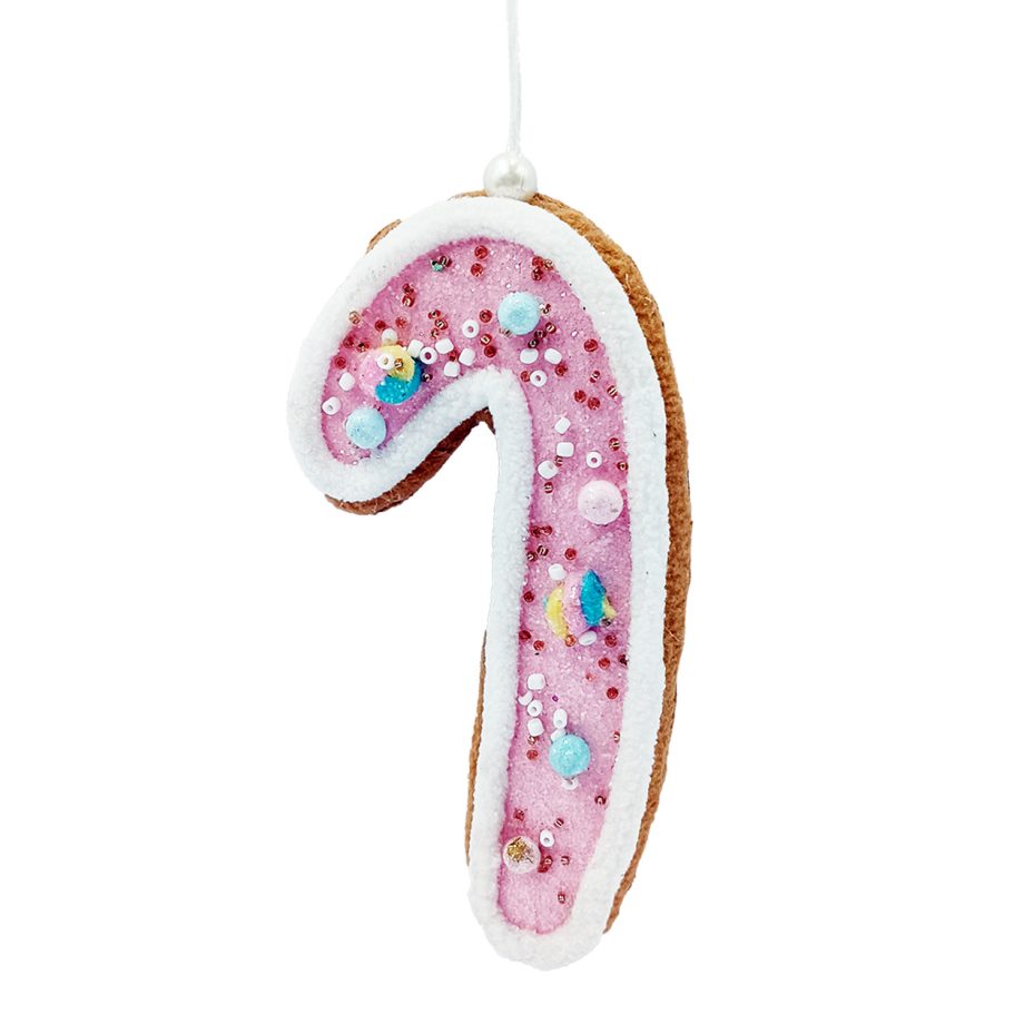 ORN CANDY SRINKLE CANE 6.5" PINK/BROWN W/ GLITTER & BEADS