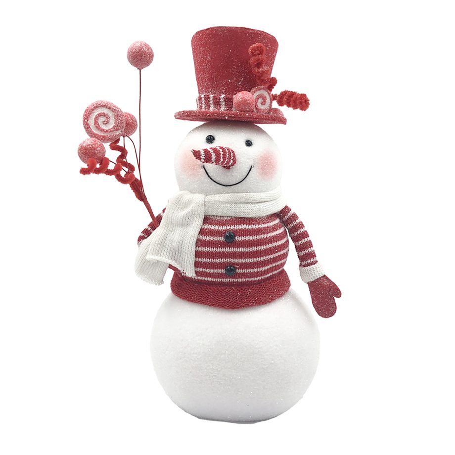 SNOWMAN STANDING 14.5" RED/WHITE HOLDING SWIRLS GLITTER