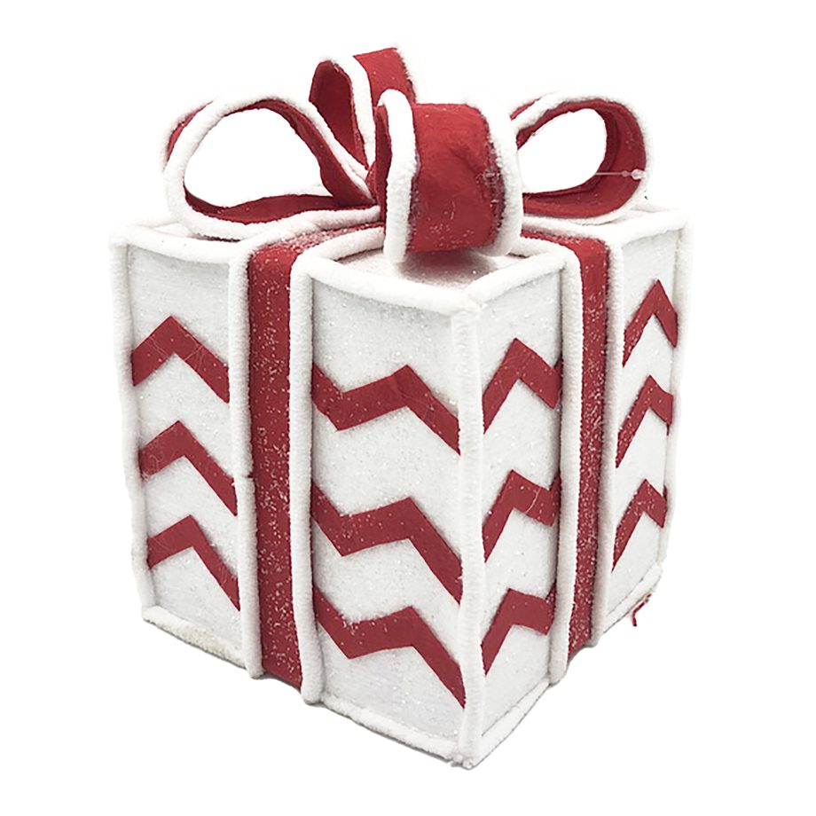 GIFT BOX CANDY CANE TABLE DECOR 6.5"x8.5" RED/WHITE W/ FAUX FAUR TRIM & GLITTER
