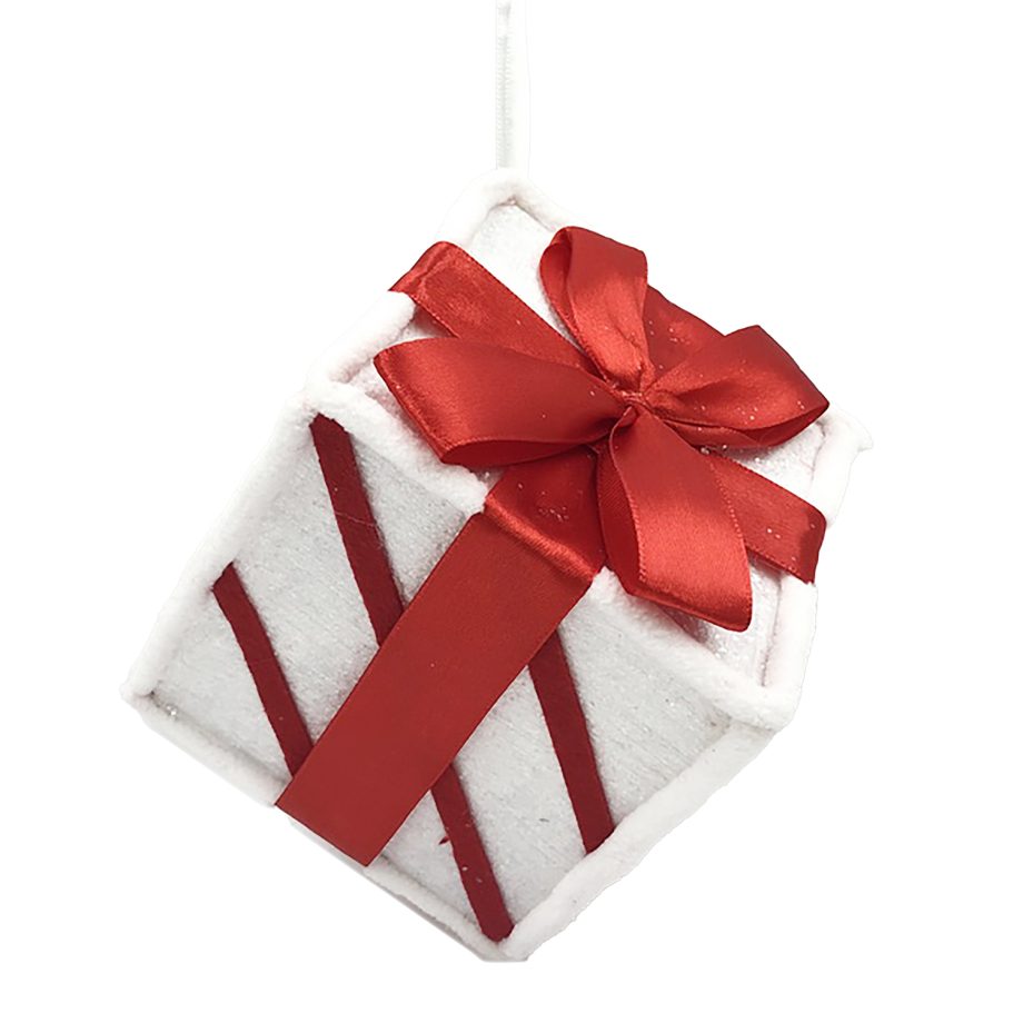 ORN CANDY CANE GIFT BOX 5" RED/WHITE W/ FAUX FAUR TRIM & BOW