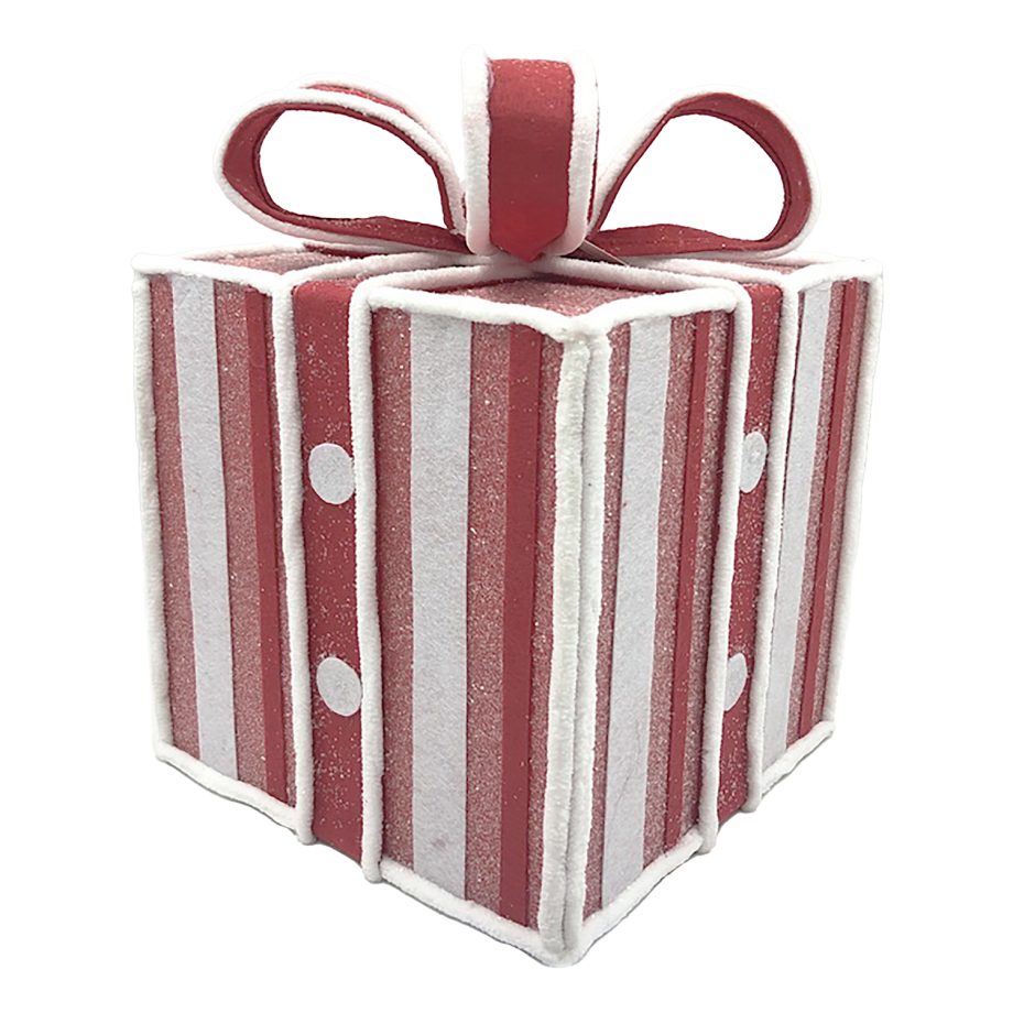 GIFT BOX CANDY CANE TABLE DECOR 8.5"x11" RED/WHITE W/ FAUX FAUR TRIM & GLITTER
