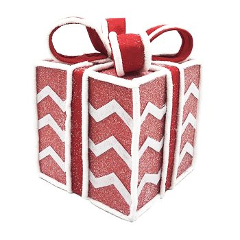 GIFT BOX CANDY CANE TABLE DECOR 6.5"x8.5" RED/WHITE W/ FAUX FAUR TRIM & GLITTER