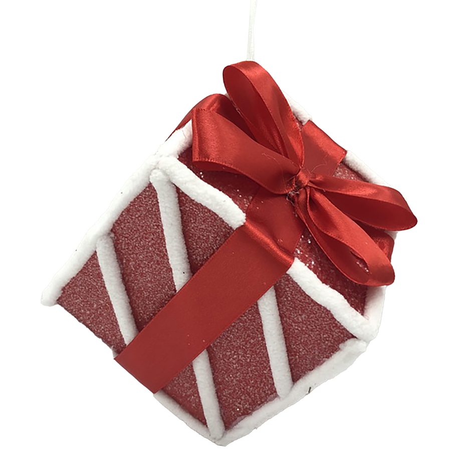 ORN CANDY CANE GIFT BOX CANDY CANE 5" RED/WHITE W/ FAUX FAUR TRIM & BOW