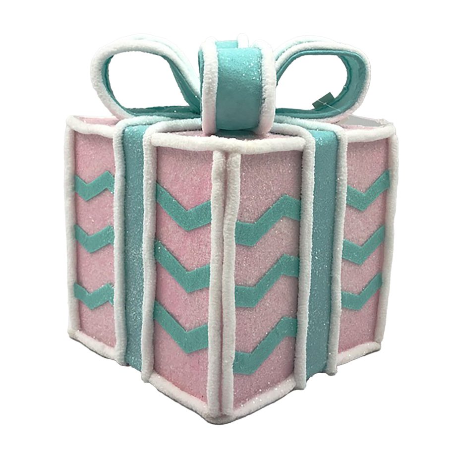 GIFT BOX CANDY CANE TABLE DECOR 6.5"x8.5" PINK/LT. BLUE W/ FAUX FAUR TRIM & GLITTER