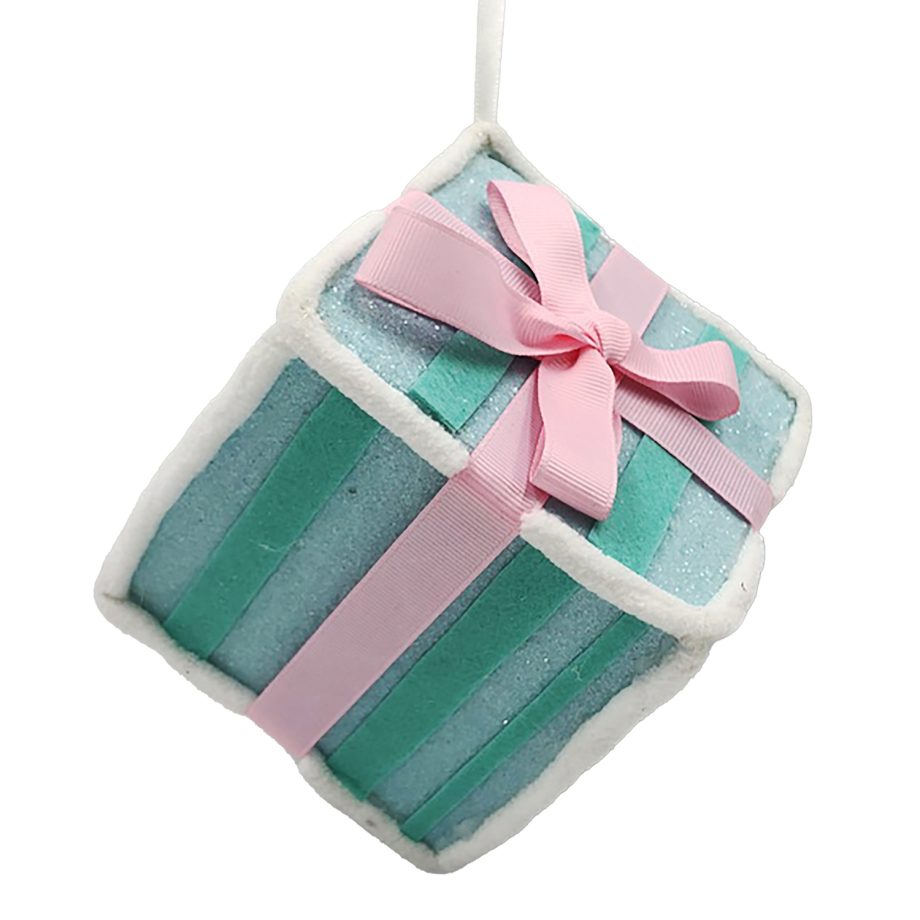 ORN CANDY SPRINKLE GIFT BOX CANDY CANE TABLE DECOR 4.5"x5" PINK/LT. BLUE W/ FAUX FAUR TRIM & GLITTER