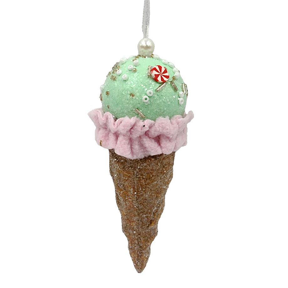 ORN CANDY SPRINKLE ICE CREAM IN CONE 5.5" GREEN/PINK/BROWN
