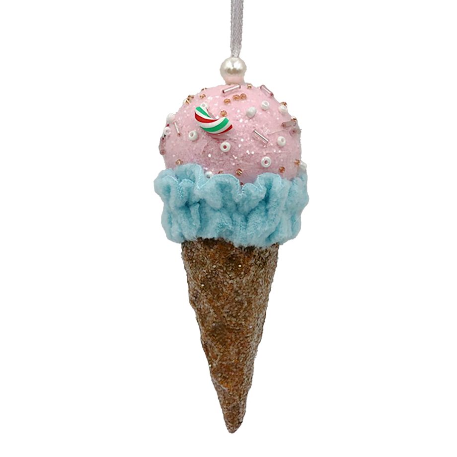ORN CANDY SPRINKLE ICE CREAM IN CONE 5.5" LT. BLUE/PINK/BROWN