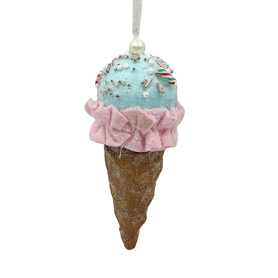 ORN CANDY SPRINKLE ICE CREAM IN CONE 5.5" LT. BUE/PINK/BROWN W/ COLORFUL BEADED SPRINKLES