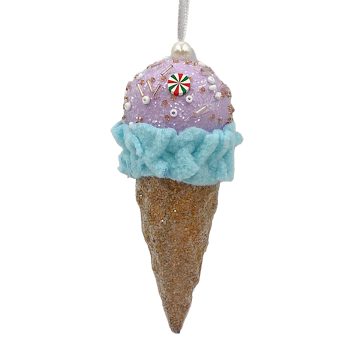 ORN CANDY SPRINKLE ICE CREAM IN CONE 5.5" PURPLE/LT. BLUE/BROWN W/ COLORFUL BEADED SPRINKLES
