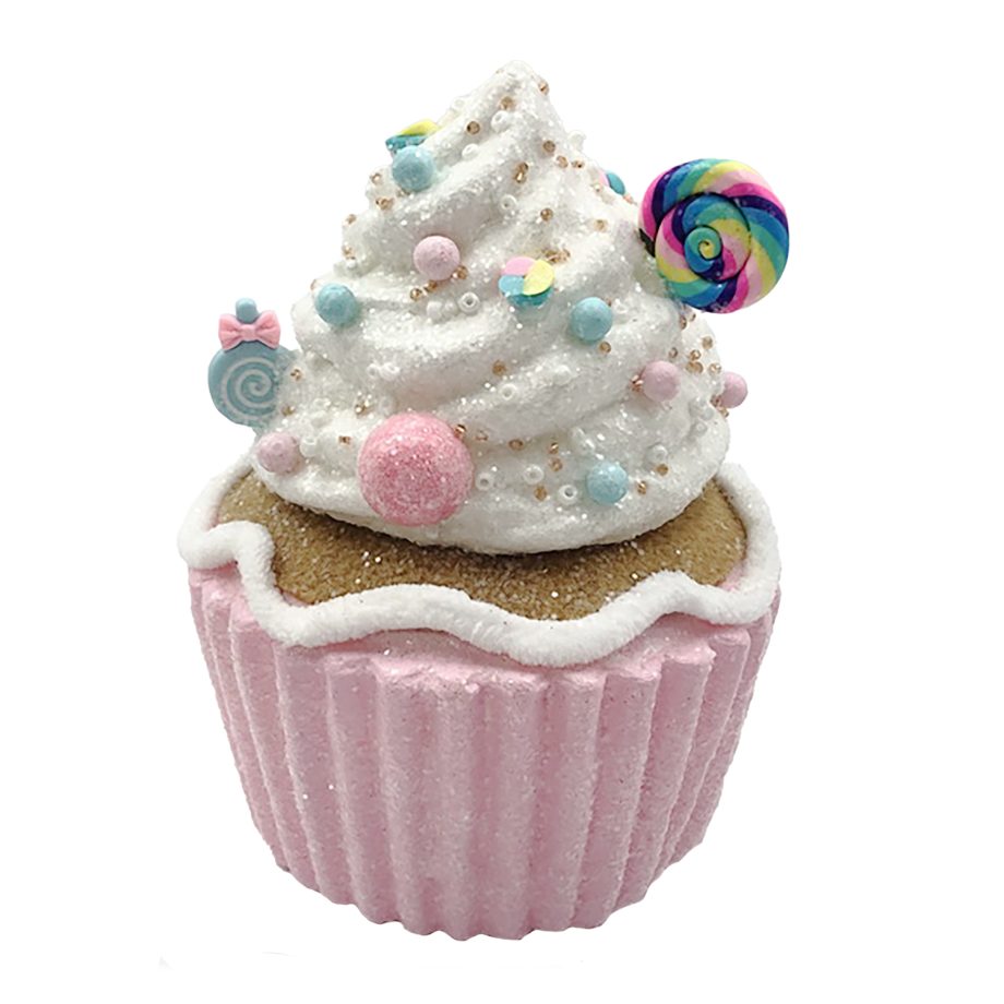 TABLE DECOR CUPCAKE 4.5"x6" PINK/WHITE COLORFUL BEADED SPRINKLES