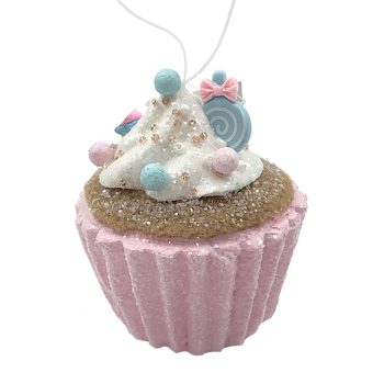 ORN CANDY SPRINKLE CUPCAKE 3" PINK/COLORFUL GLITTER
