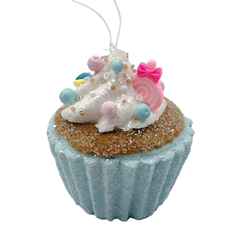 ORN CANDY SPRINKLE CUPCAKE 3" BLUE/COLORFUL GLITTER