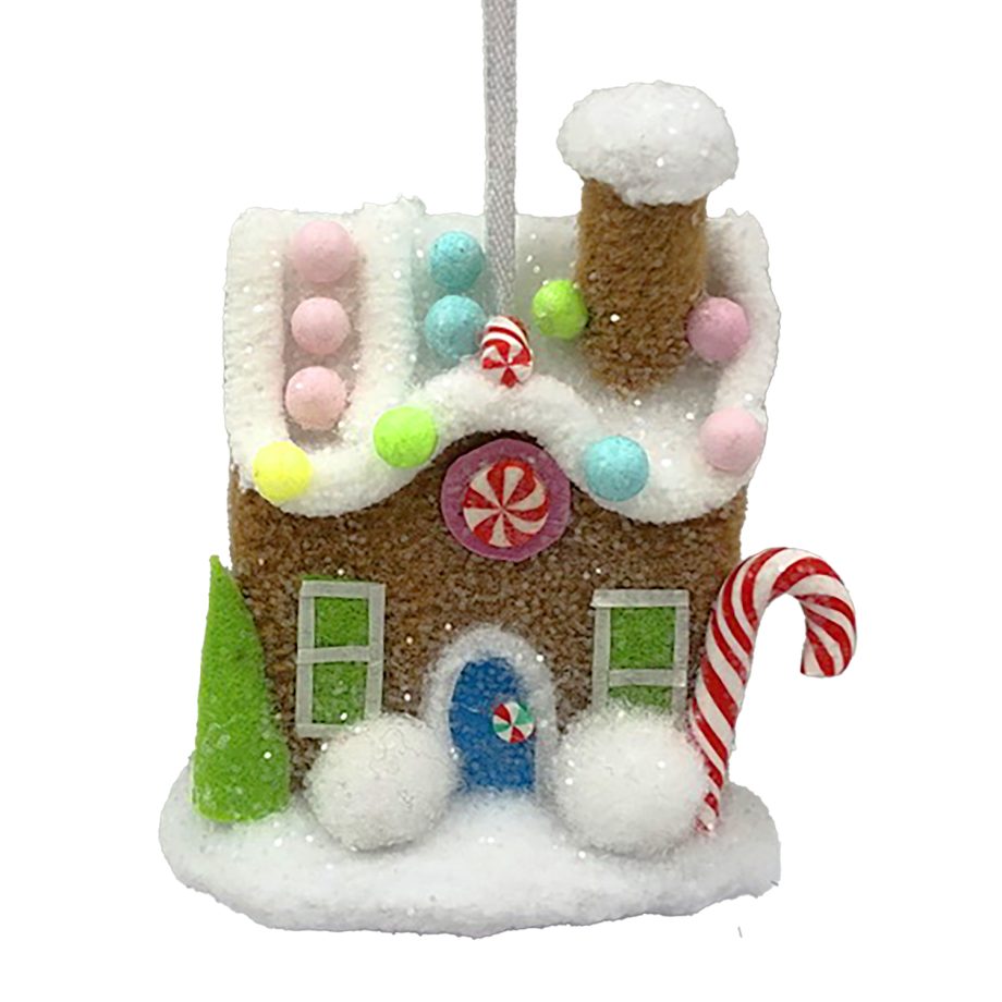 ORN CANDY SPRINKLE HOUSE 3.5" BROWN/WHITE W/ COLORFUL BEADED SPRINKLES & GLITTER