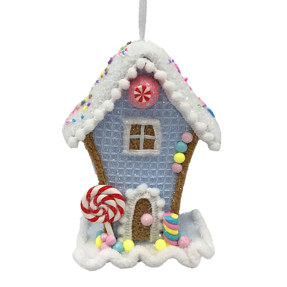 ORN CANDY SPRINKLE HOUSE 5.5" BLUE/WHITE/W/ COLORFUL BEADED SPRINKLES & GLITTER