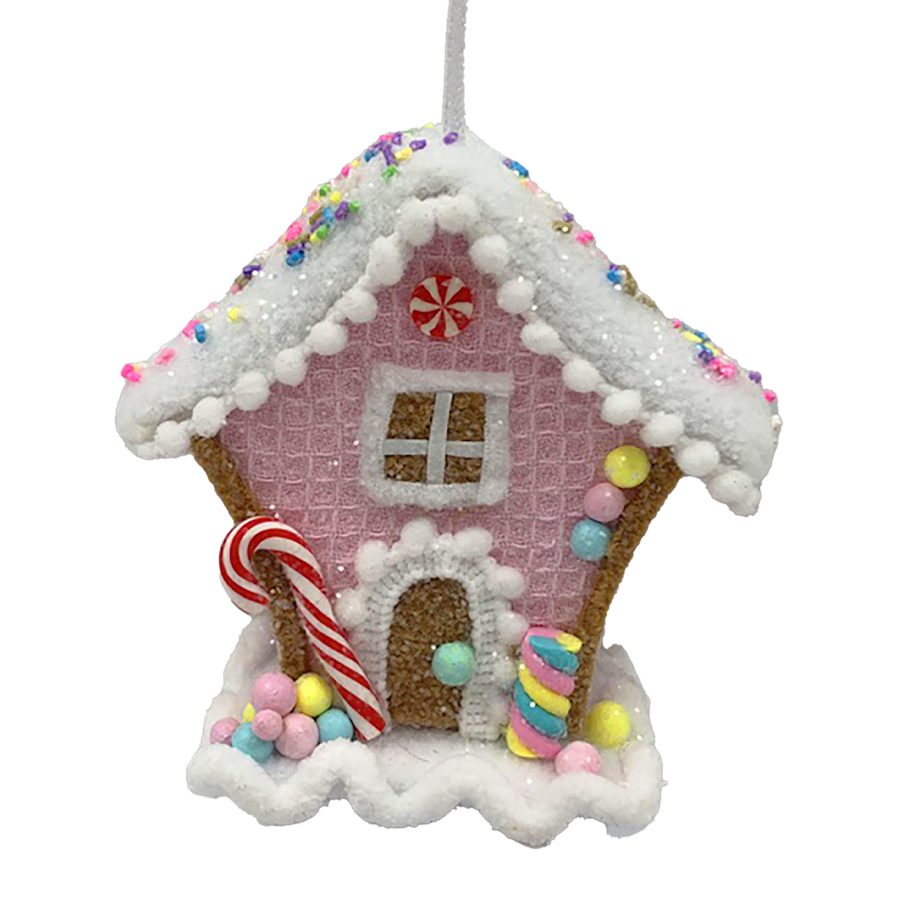 ORN CANDY SPRINKLE HOUSE 4.5" PINK/WHITE W/ COLORFUL BEADED SPRINKLES & GLITTER