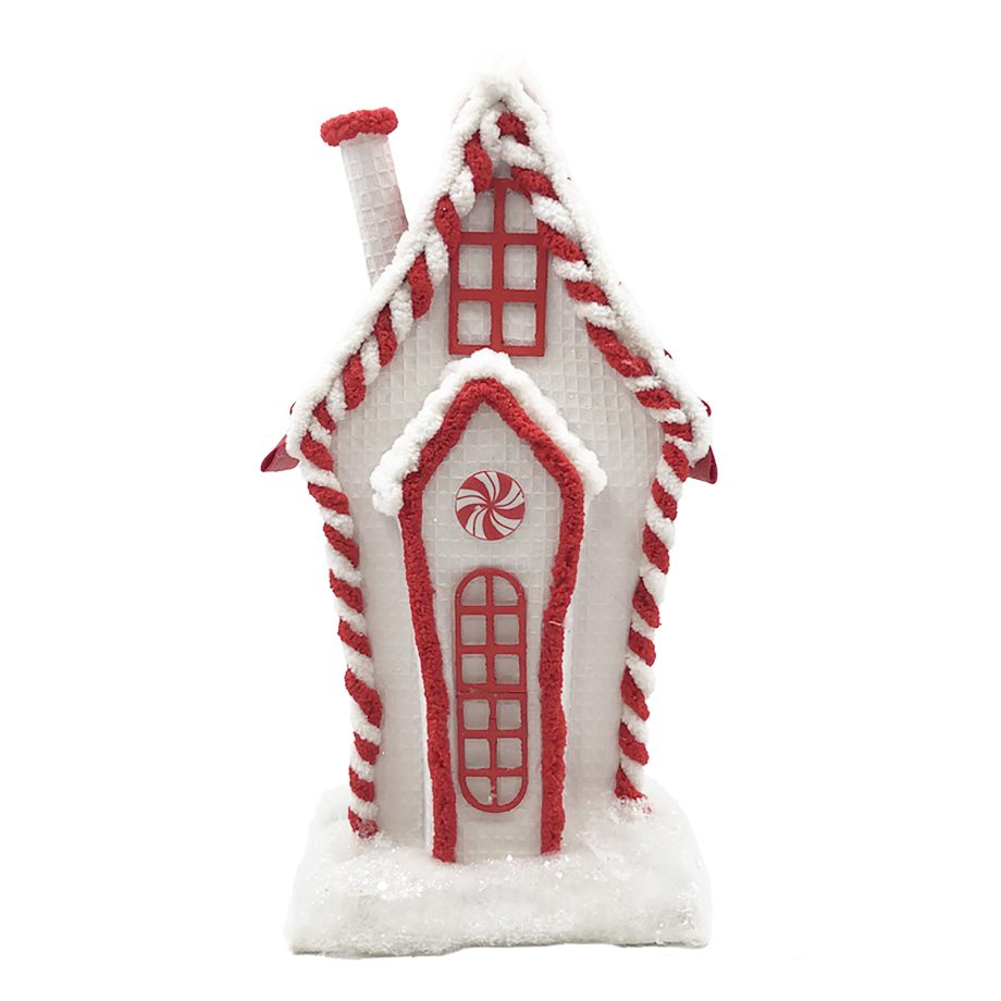 CANDY HOUSE TABLE DECOR SNOWED 13" RED/WHITE GLITTER
