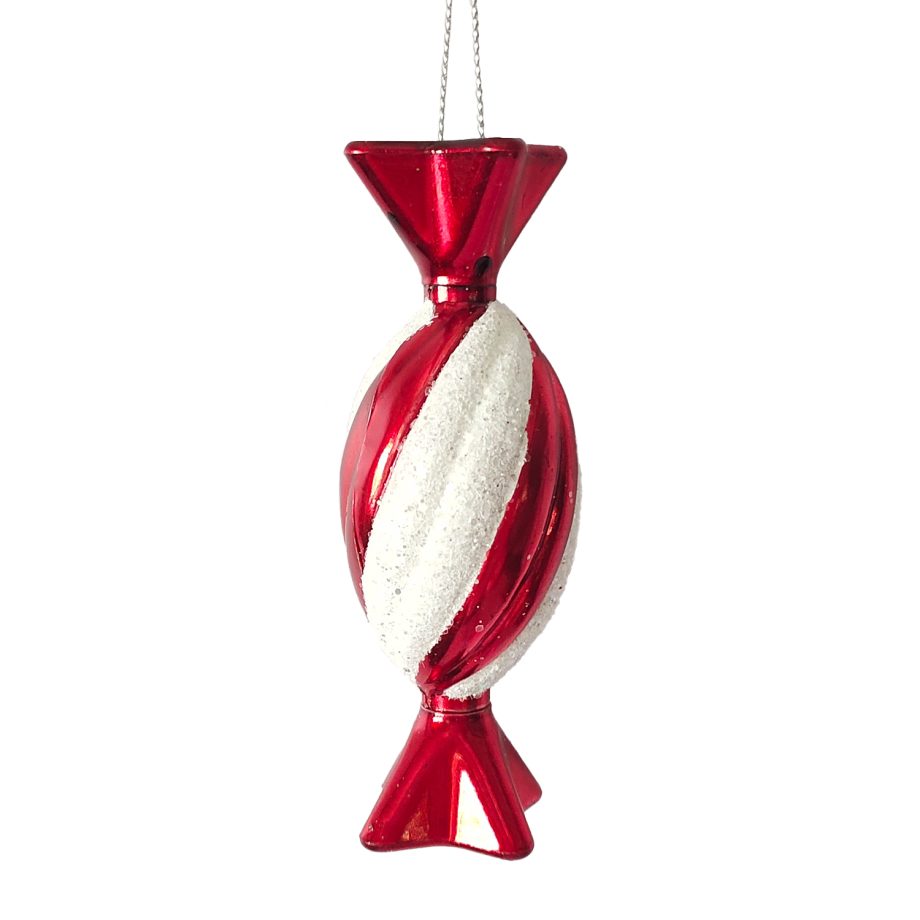 ORN RED/WHITE CANDY 4" W/ WHITE GLITTER
