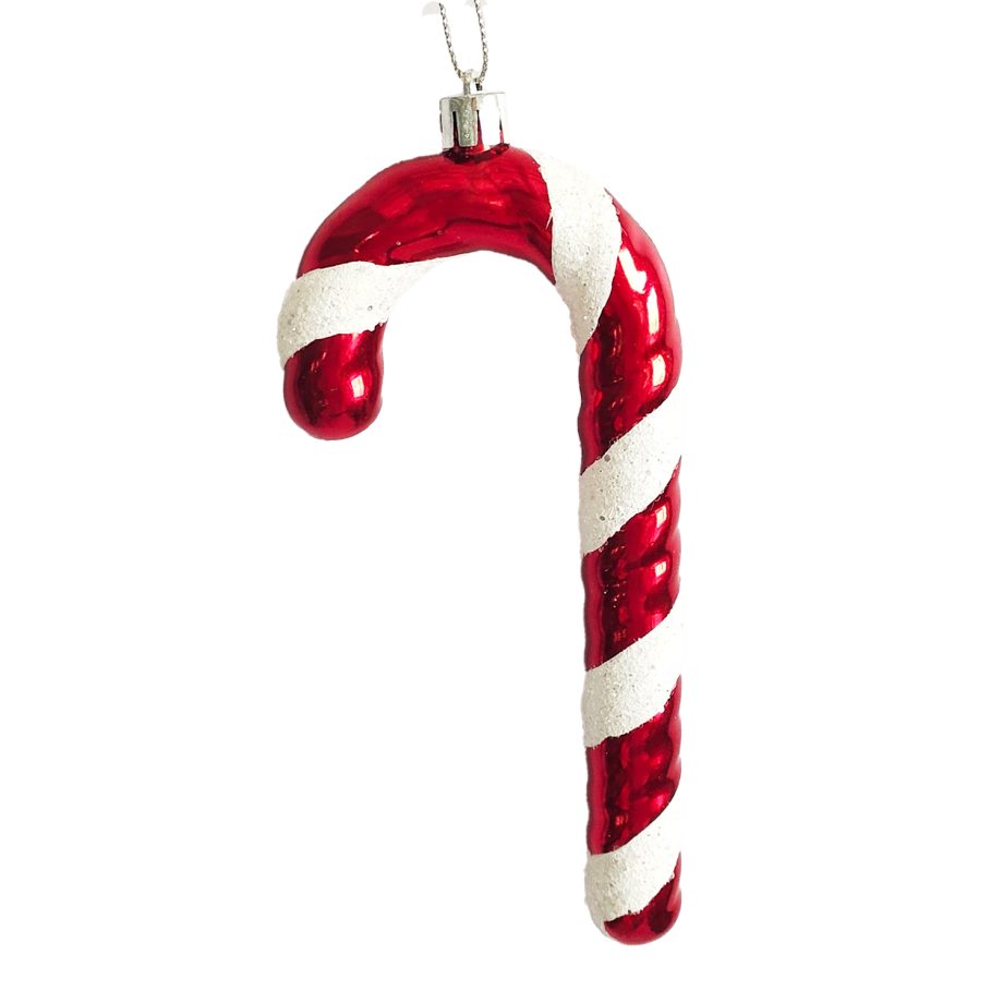 ORN RED/WHITE CANDY CANE 6" W/ WHITE GLITTER