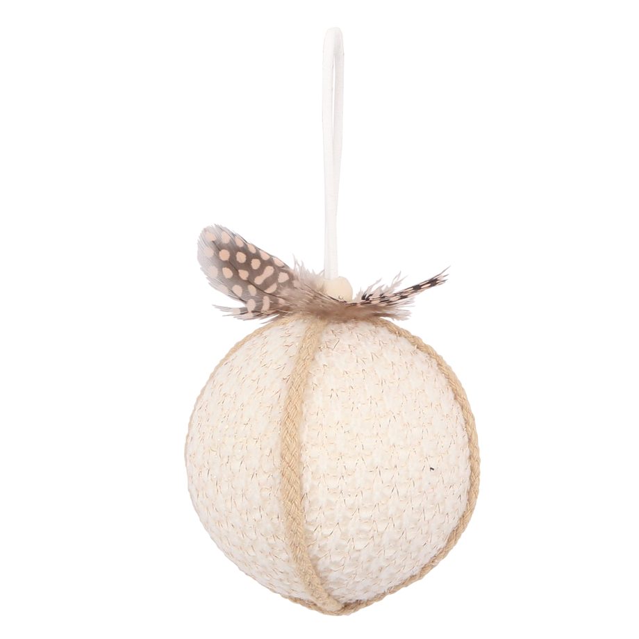 BALL FABRIC WOOL 3" IVORY W/ ROPE & FEATHER