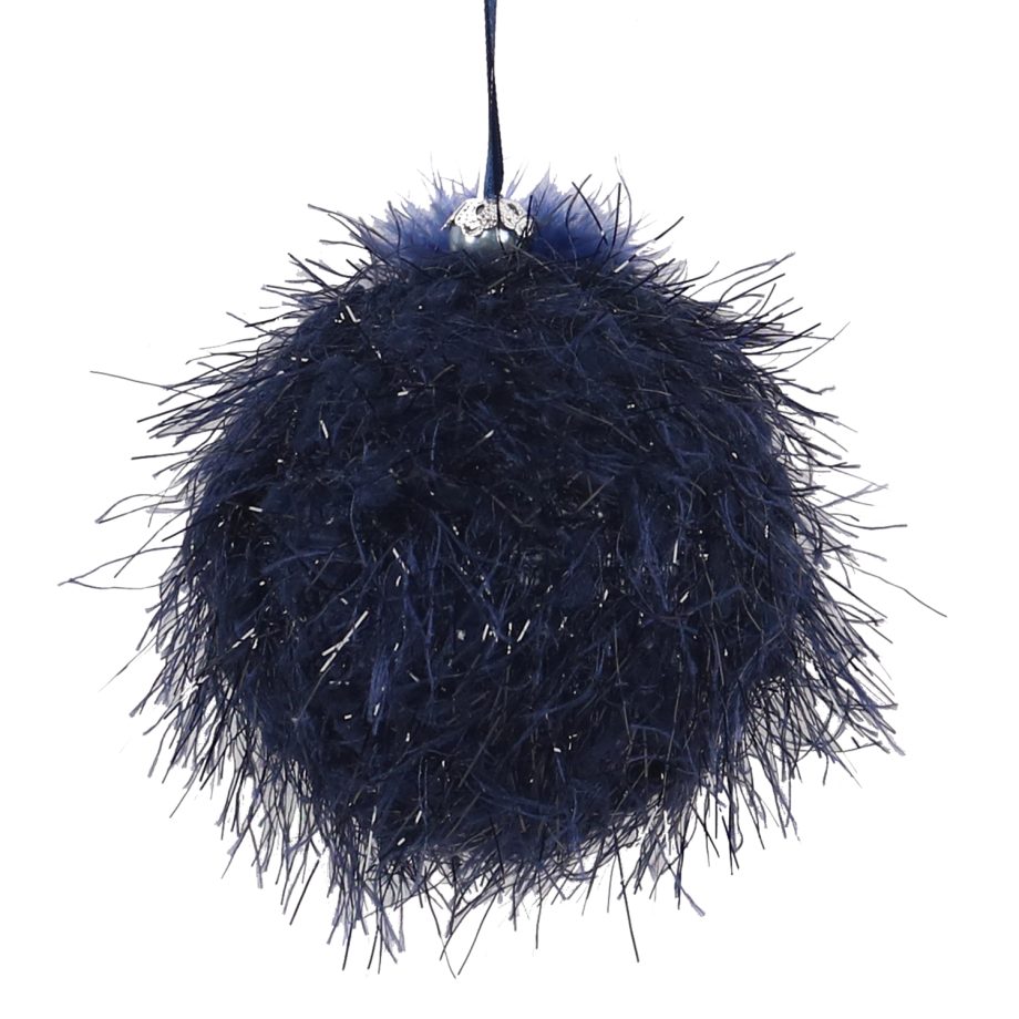 BALL FABRIC FAUX FUR FLUFFY 3" NAVY BLUE W/ FEATHER