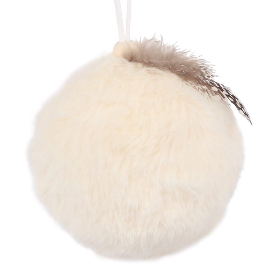 BALL FABRIC FAUX FUR 3" IVORY W/ FEATHER