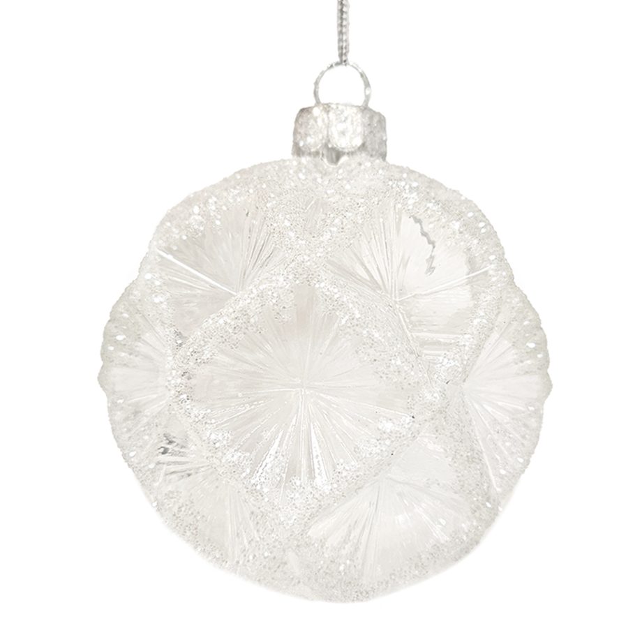 ORN GLASS BALL 3" WHITE FROST DIAMOND W/ ICE GLITTER