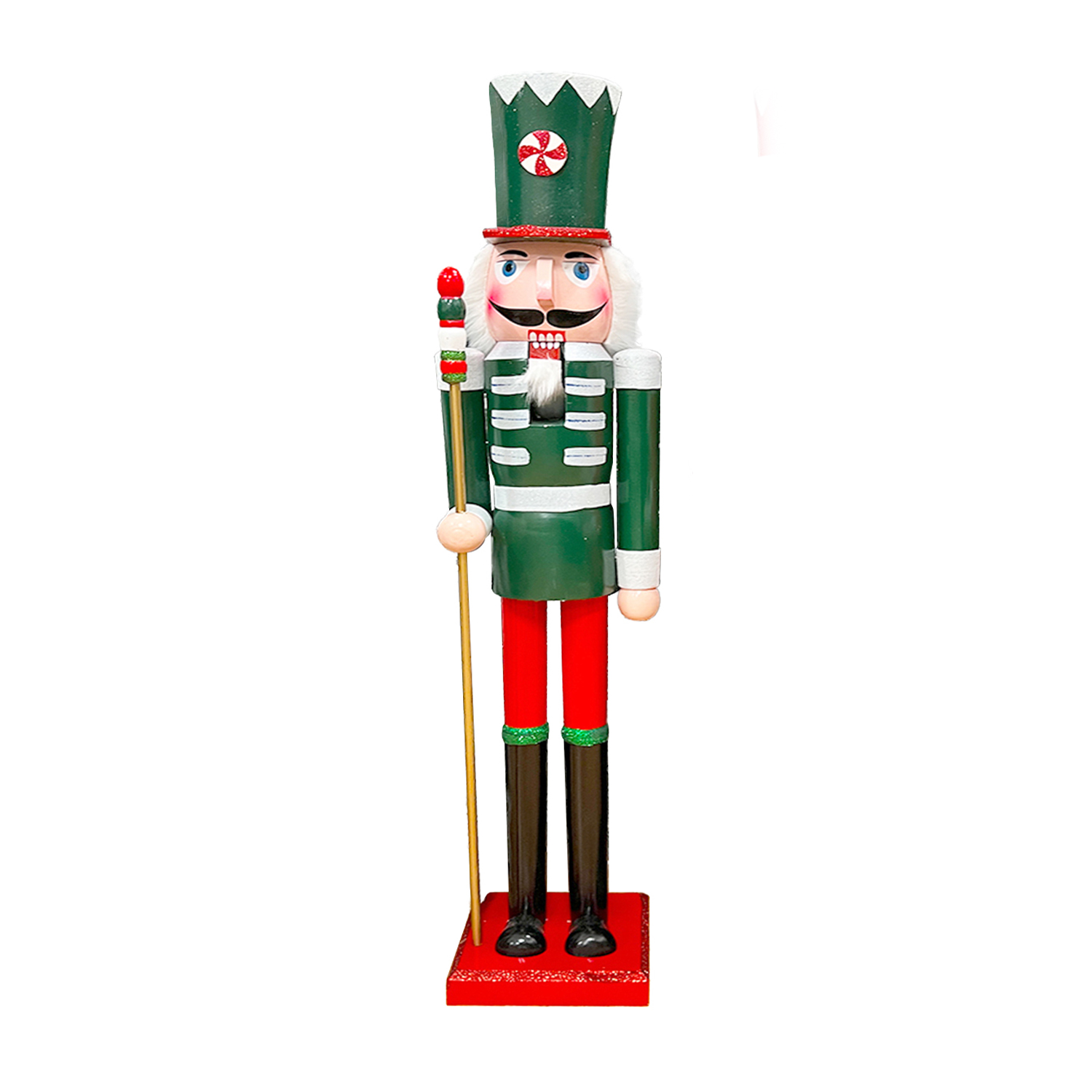 NUTCRACKER WOODEN STANDING 15" CREAM/DARK GREEN W/ STAFF