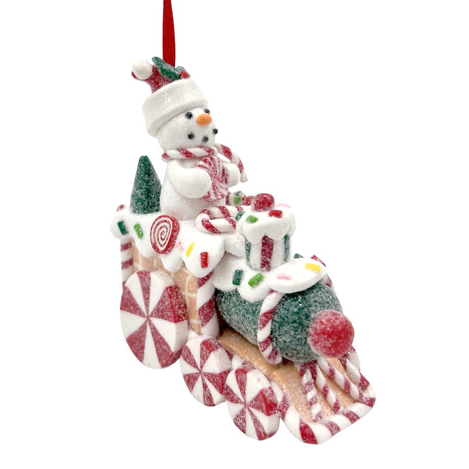 ORN CANDY CANE SNOWMAN ON TRAIN 3.5" CLAY DOUGH