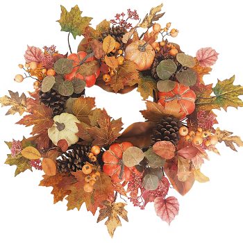 FALL WREATH 24" PUMPKIN/PINECONE/MAPLE LEAVES W/ BERRIES ORANGE/MULTI