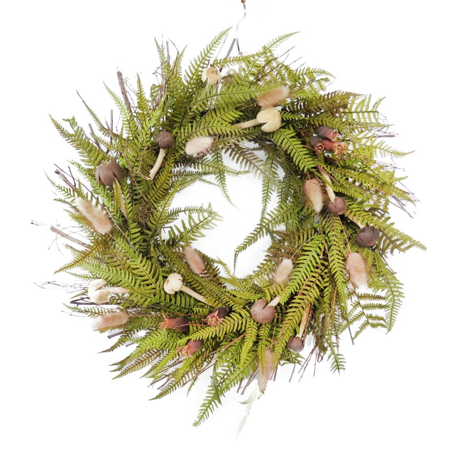 FALL WREATH MUSHROOMS, FERN LEAF & TWIGS 18'' GREEN/MULTI