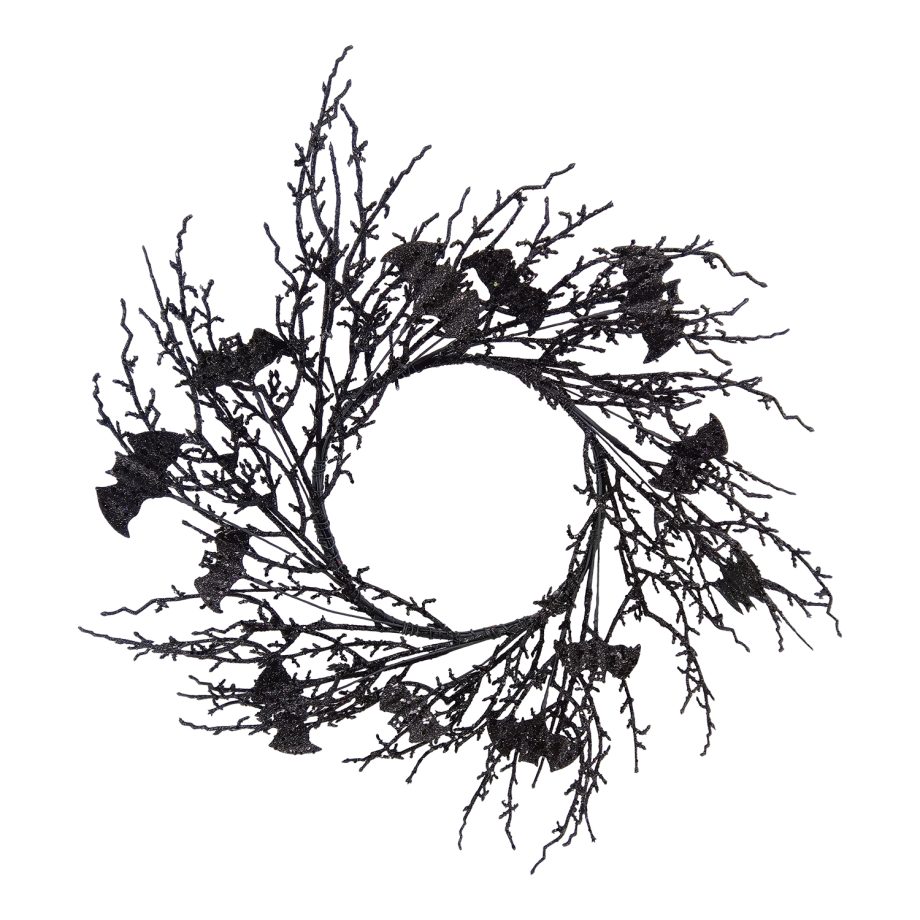 HALLOWEEN WREATH TWIGS W/ SPIDERS 23" BLACK GLITTER
