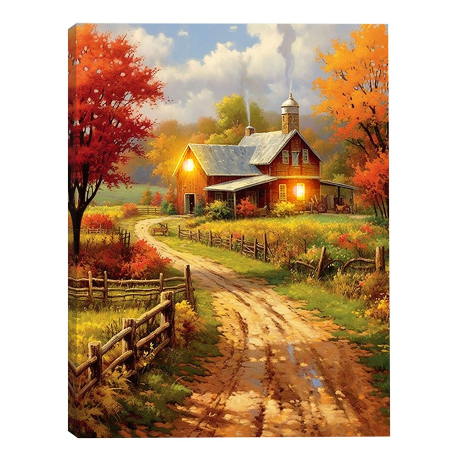 FALL CANVAS 15.5"X12" LIGHT UP BARNHOUSE SCENE 5 PCS LED+6/18TIMER