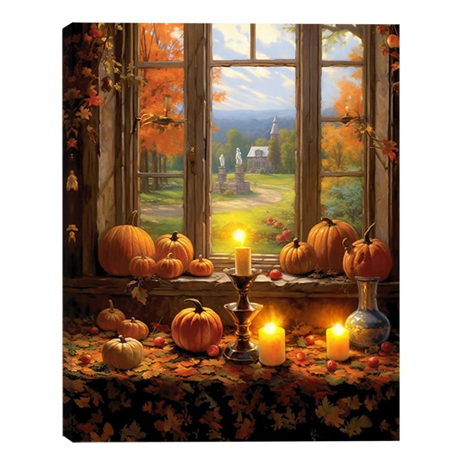 FALL CANVAS 15.5"X12" LIGHT UP PUMPKINS & CANDLES WINDOW SCENE 3 PCS LED+ BLOW FUNCTION
