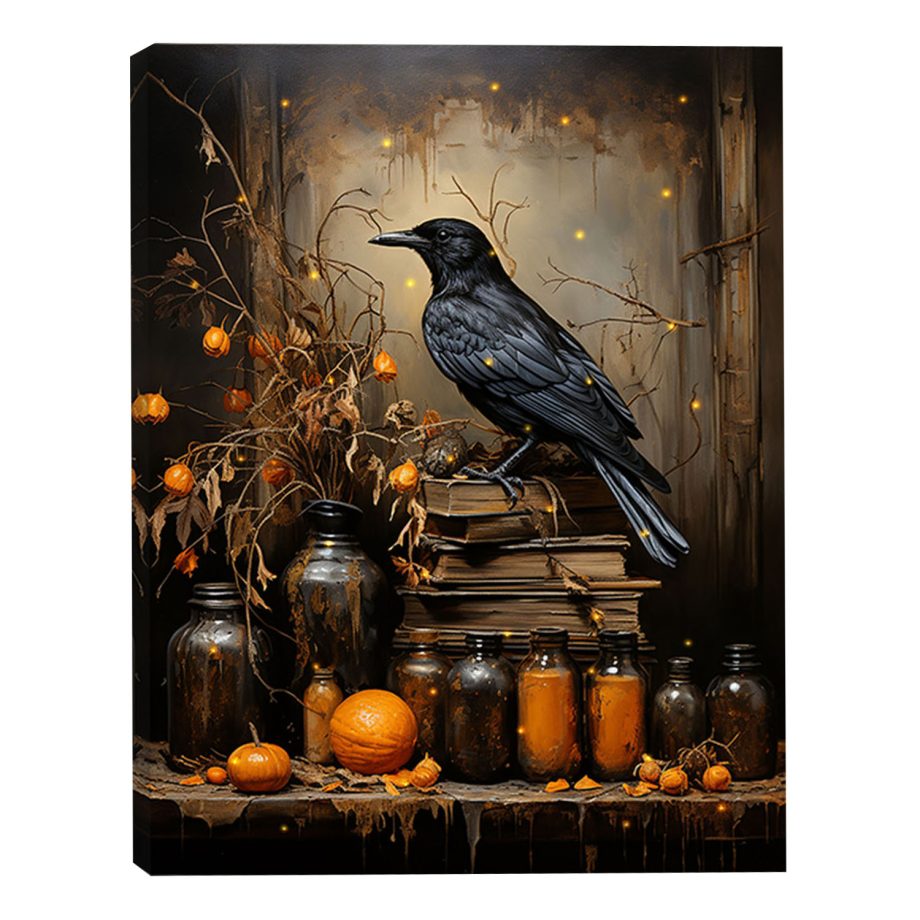 HALLOWEEN CANVAS 12"X15.5" LIGHT UP CROW 30 PCS LED+6/18TIMER