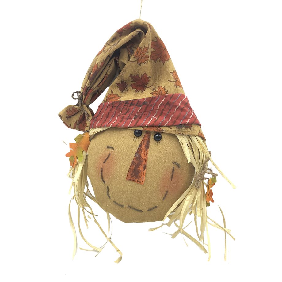 FALL SCARECROW HEAD HUSK HANGING GIRL 12.5" ORANGE/MULTI