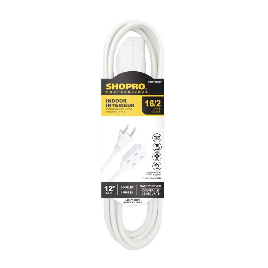 INDOOR EXTENSION CORD WHITE 16/2 SPT-2 3-OUTLET 12'