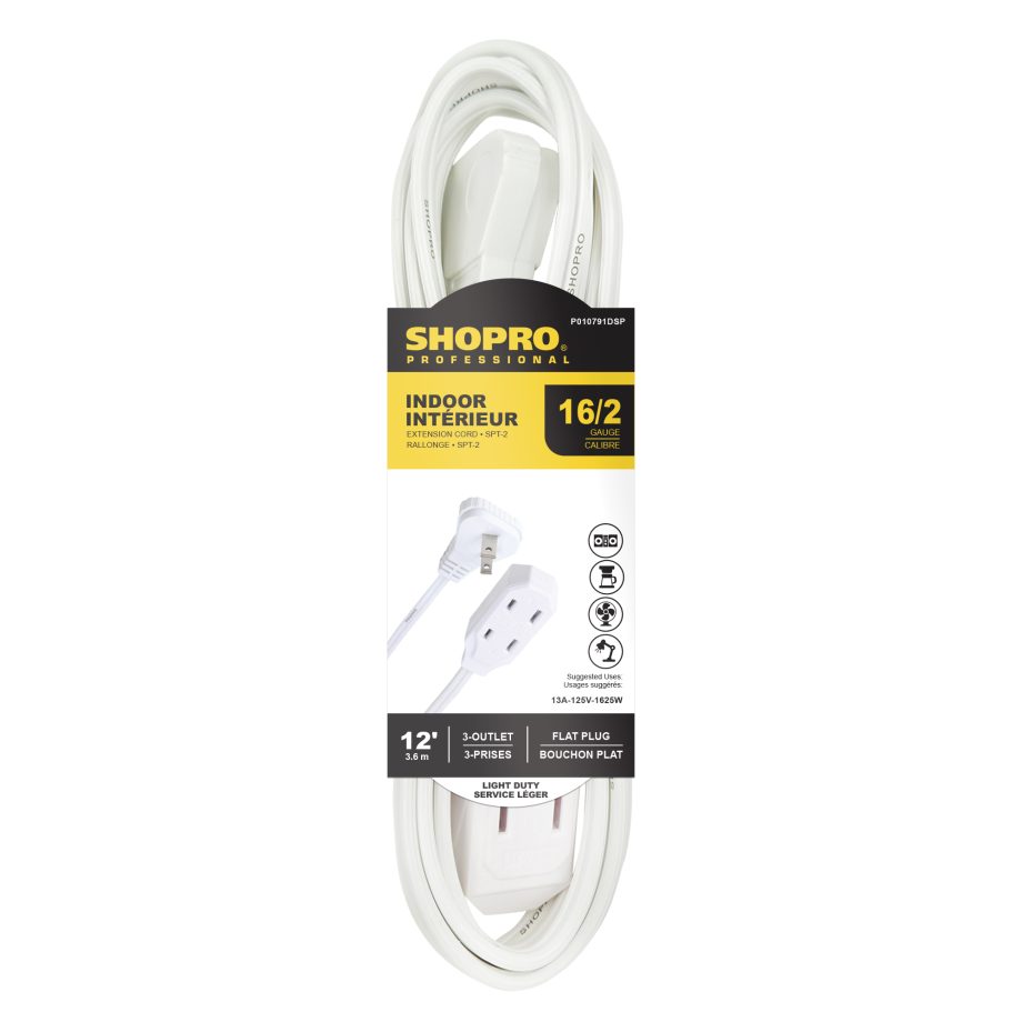 INDOOR EXTENSION CORD WHITE 16/2 SPT-2 3-OUTLET 12'
