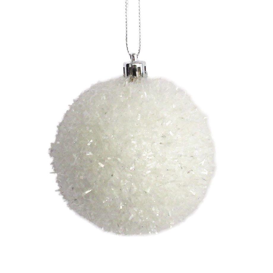 BALL SNOW-TEXTURED W/ TINSEL 100MM WHITE/ SILVER