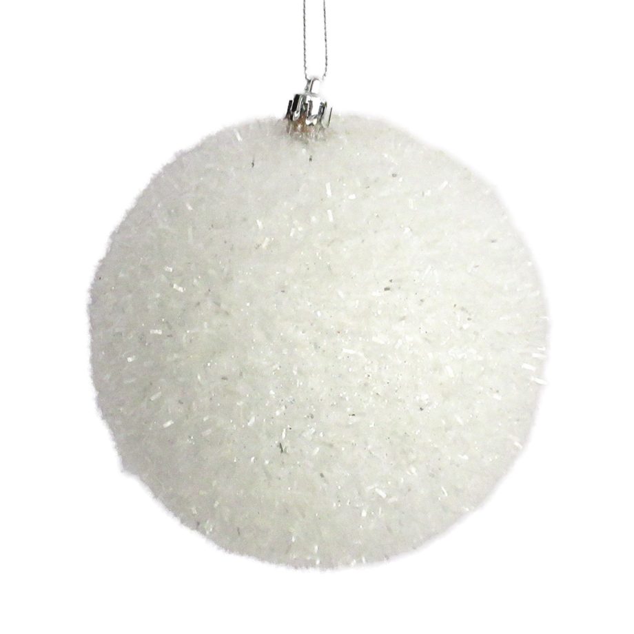 BALL SNOW-TEXTURED W/ TINSEL 150MM WHITE/ SILVER