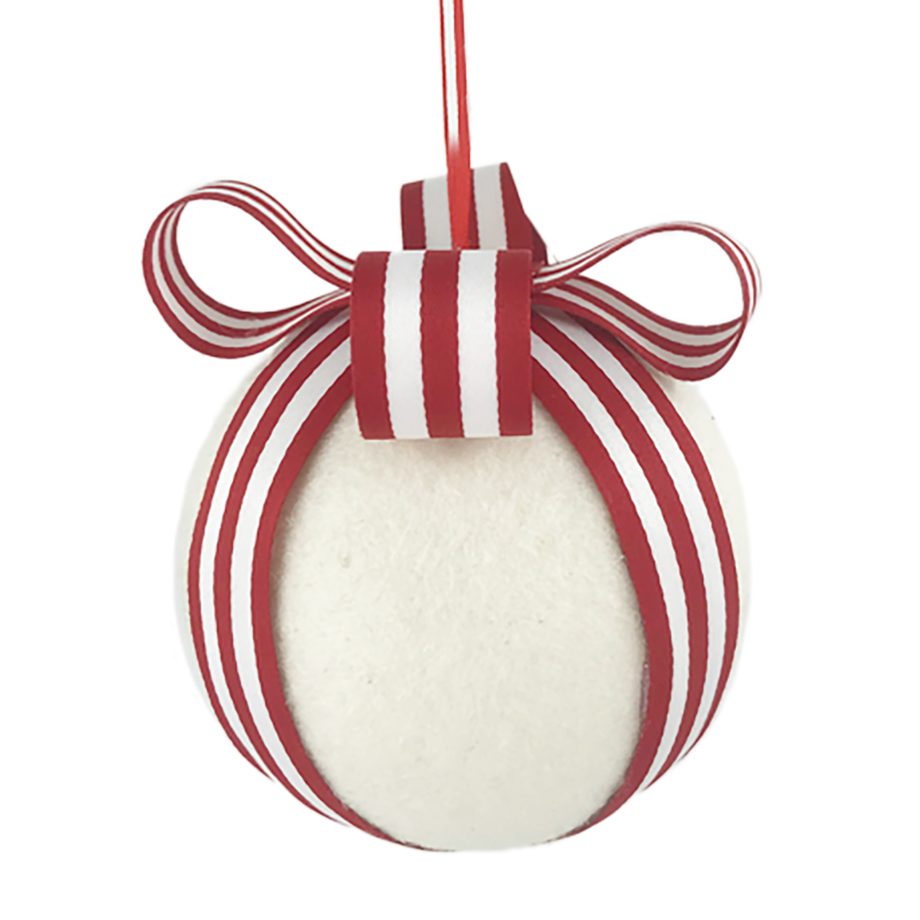 BALL FABRIC FELT WHITE 5" W/ CANDY CANE STRIPES BOW-BAND