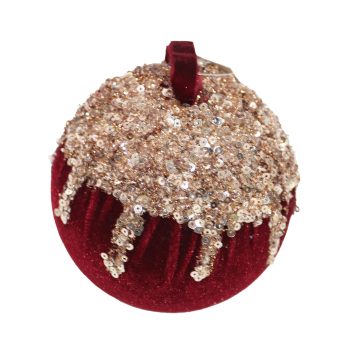 BALL FABRIC VELVET 4" BURGUNDY/ ROSE GOLD 4" W/ DRIP-LIKE SEQUINS & GLITTER